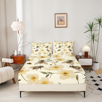 Kids Queen Size Floral Fitted Sheet Set with Pillowcases - Yellow, 60x80 Inches