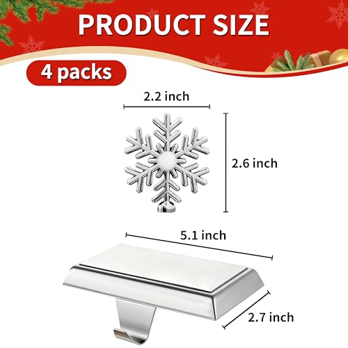 Silver Metal Christmas Stocking Holders Set of 4 - Heavy Duty Snowflake Mantle Decor