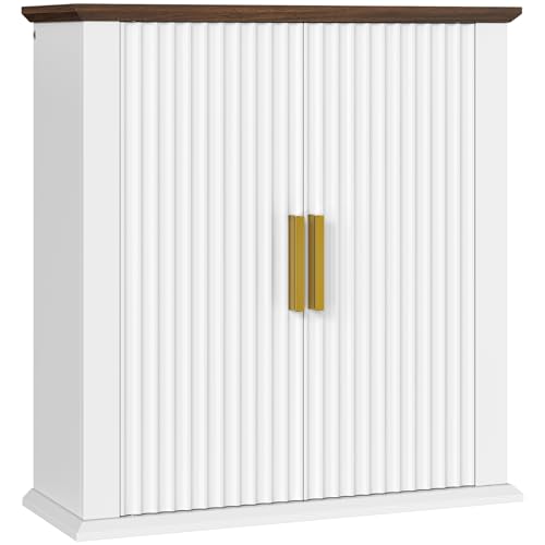 Wall Mounted Bathroom Medicine Cabinet with Adjustable Shelves - Farmhouse Style, White & Walnut Finish