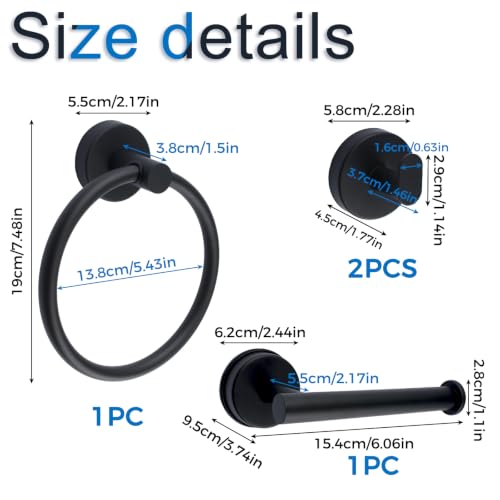 INCREWAY Black Suction Cup Bathroom Accessory Set 4Pcs - Wall Mount Towel Holder Tissue Rack Hooks - No Drill, Stainless Steel
