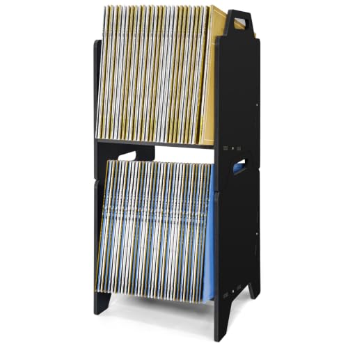 Black Vinyl Record Storage Organizer Rack, 2 Pack Stackable LP Shelf for Albums & More