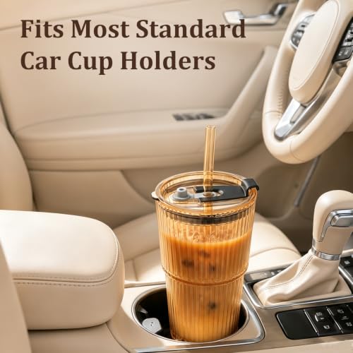 Amber Ribbed Glass Iced Coffee Cup 20oz with Leak-Proof Lid & Straw - Set