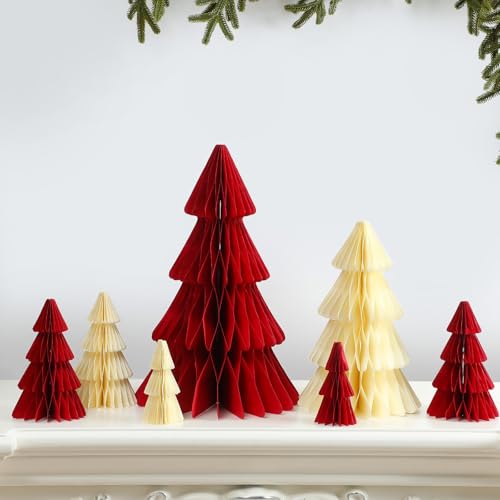 Red Christmas Honeycomb Tree Centerpieces - 7 Pcs 3D Paper Decor