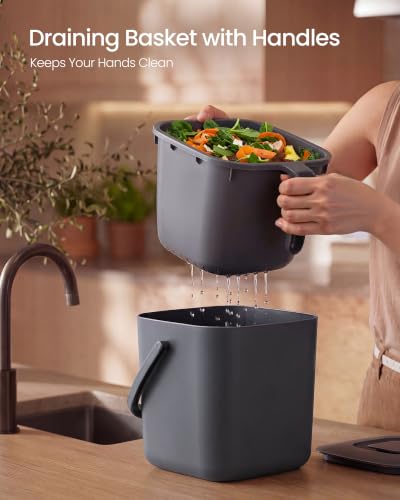 Dark Gray 1-Gallon Compost Bin with Strainer Basket for Kitchen Countertop