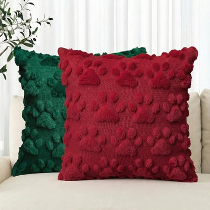 Christmas Pet Dog Paws Throw Pillow Covers 18x18 Inch Set of 2 - Red & Green Faux Fur
