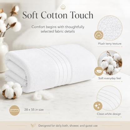 White Extra Large Cotton Bath Towels 2 Pack 30 x 56 Inches - Soft & Absorbent