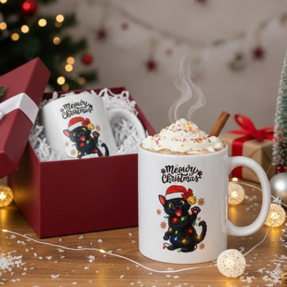 Christmas Black Cat Coffee Mug Set - 11oz Ceramic Cups for Holiday Gift