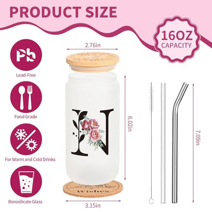 16oz Monogrammed Frosted Glass Tumbler with Lid Straw & Gift Set - Initial N