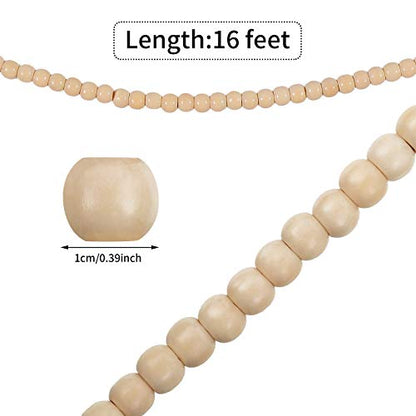 Wood Bead Garland for Christmas Tree - 16 Feet, Natural Wood Color