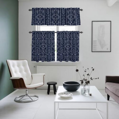 Navy Blue Floral Kitchen Curtains Set Valance & Tier 3 Pieces 54x18+27x24 Variation