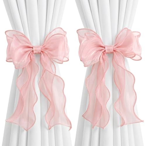 French Silky Bow Curtain Tiebacks - Pink Decorative Window Holdbacks