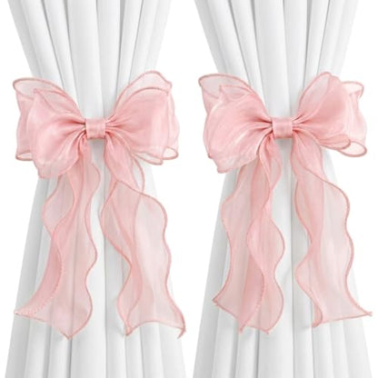 French Silky Bow Curtain Tiebacks - Pink Decorative Window Holdbacks