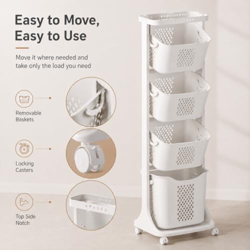 4 Tier Laundry Basket Organizer - Vertical Laundry Hamper with Wheels - C