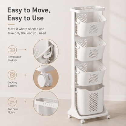 4 Tier Laundry Basket Organizer - Vertical Laundry Hamper with Wheels - C