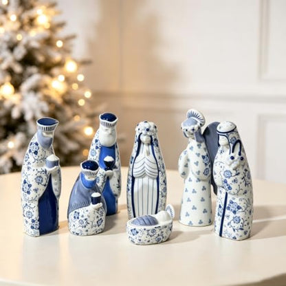 Chinoiserie Ceramic Nativity Set - Blue and White 7-Piece, 6 Inch Decorative Holiday Figurines