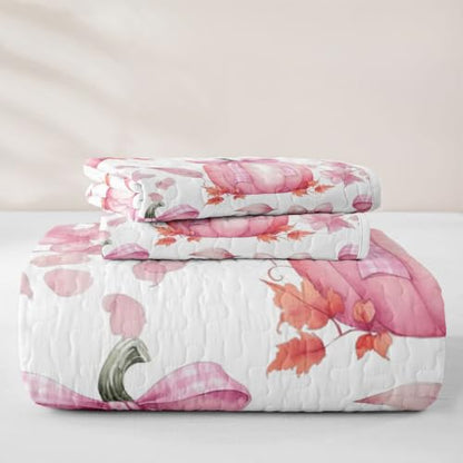 Pink Pumpkin Quilt Set - Full Romantic Plaid Bed Cover with Bow Knot - Pink Yellow White