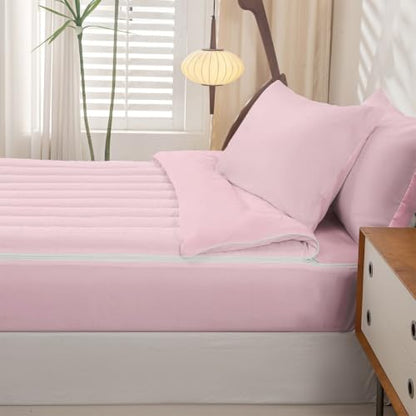 Pink Zipper Bedding Comforter Set - Full Size with Pillowcases & Fitted Sheet - Baby Pink