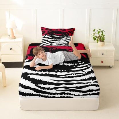 Red Black Zebra Print Twin Fitted Sheet with Pillowcase - Deep 16-Inch Pockets