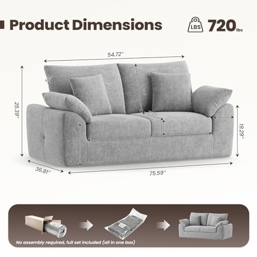 75.6-Inch Light Gray Cloud Boneless Sofa Loveseat with 4 Pillows - Modern Living Room
