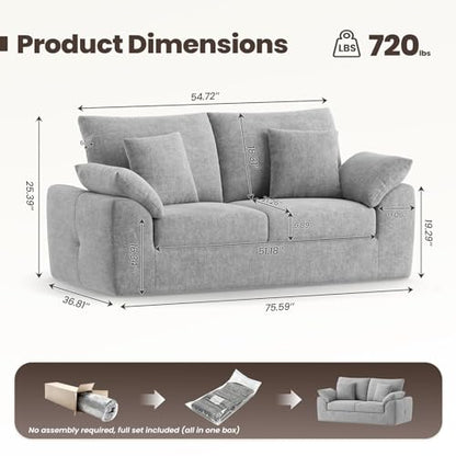 75.6-Inch Light Gray Cloud Boneless Sofa Loveseat with 4 Pillows - Modern Living Room