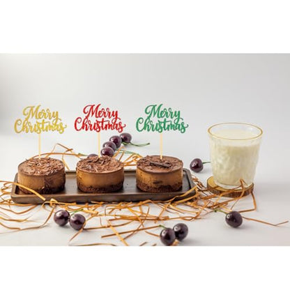 Merry Christmas Cupcake Toppers Set - Pattern C, 24 Holiday Cake Picks