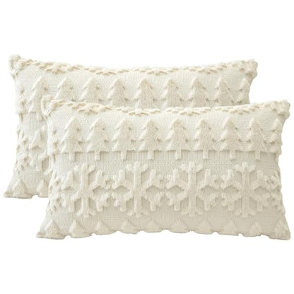 Artscope Snowflakes Christmas Pillow Covers 18x18 Set of 2 - Beige Snowflake Tree Variation