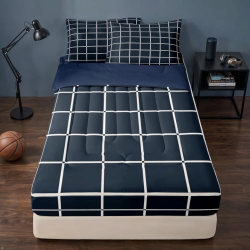 Dark Blue Twin Zipper Bedding Set with Comforter & Fitted Sheet - Geometric Checkered Design