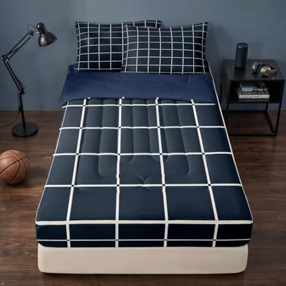 Dark Blue Twin Zipper Bedding Set with Comforter & Fitted Sheet - Geometric Checkered Design