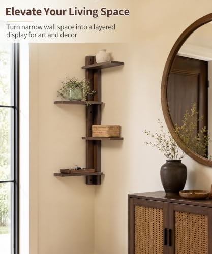 SUMGAR Walnut 4-Tier Corner Floating Shelves - Left or Right Layout, MCM Style