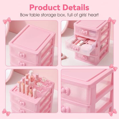 Pink 5-Tier Makeup Organizer with Bow Handle - Desktop Storage Box