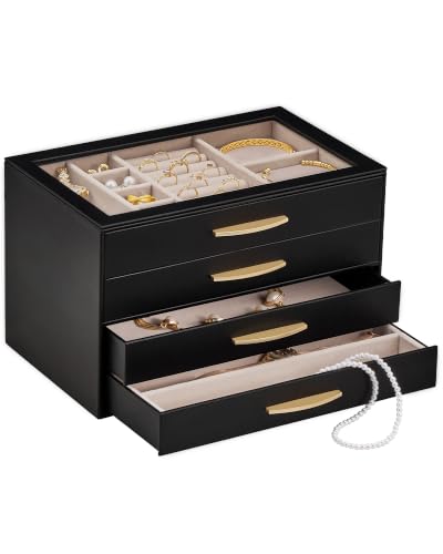 Jewelry Box Organizer Case with Glass Lid - 4-Layer, Black