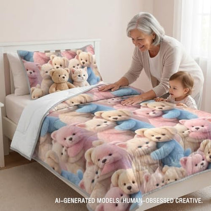 Cute Cartoon Teddy Bear and Kitty Quilt Set for Girls Bedroom Decor - Twin, Pastel Pink & Blue