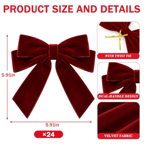 Burgundy Velvet Christmas Tree Bows - 24 Pack Holiday Decorations