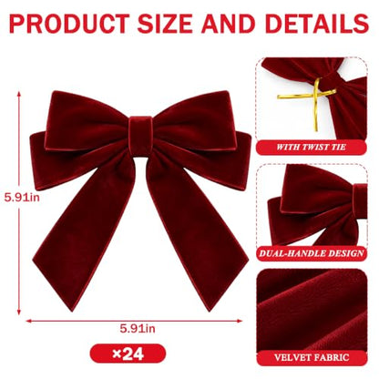 Burgundy Velvet Christmas Tree Bows - 24 Pack Holiday Decorations