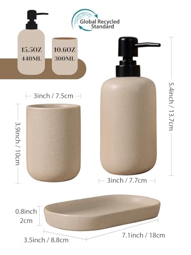 Ceramic Bathroom Accessory Set with Soap Dispenser Toothbrush Holder Tray Beige