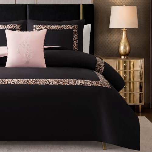 Baby Phat Leopard Hotel Border Comforter Set - Full/Queen, Reversible Microfiber, Black & Pink