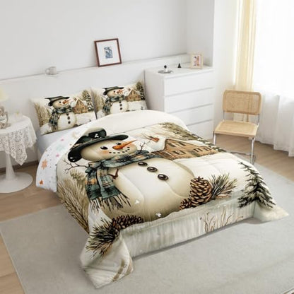 Brown Green Winter Farmhouse Style Comforter Twin with Pillowcase - Snowman Rustic Quilt