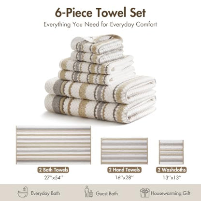 Neutral Cotton Bath Towel Set - 6-Piece, Soft Absorbent, Modern Stripe
