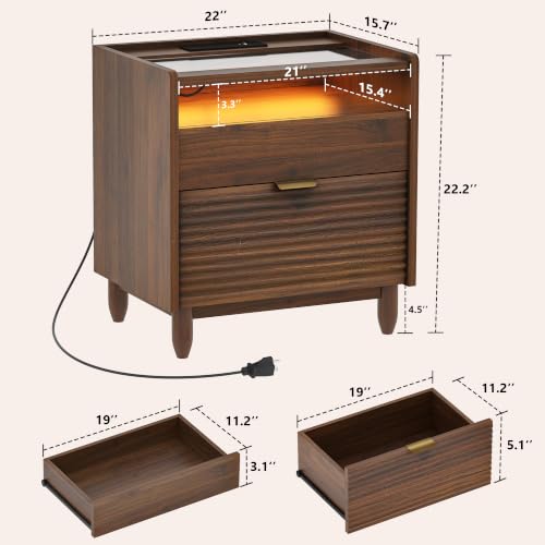 iPormis Walnut Fluted Nightstand with Charging Station, 2 Drawers & LED Glass – Walnut