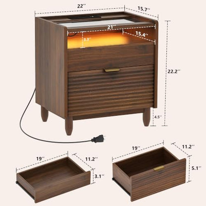 iPormis Walnut Fluted Nightstand with Charging Station, 2 Drawers & LED Glass – Walnut