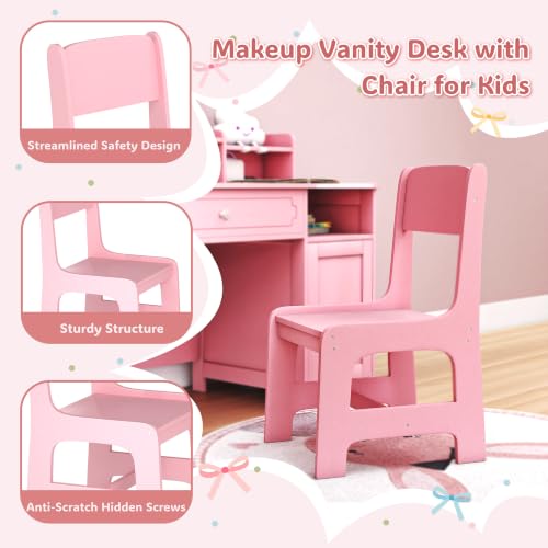Kids Vanity Set Pink with Mirror Lights and Storage - Toddler Girl Dress Up Desk - All Pink