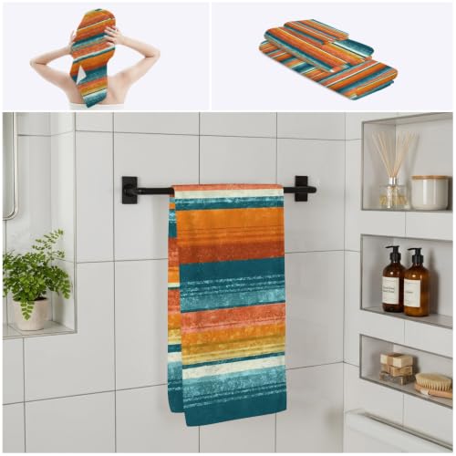 Teal Orange Striped Bath Towel Set of 3 - Microfiber Absorbent Bathroom & Beach Towels