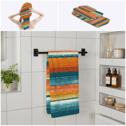 Teal Orange Striped Bath Towel Set of 3 - Microfiber Absorbent Bathroom & Beach Towels