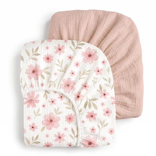 Mini Crib Sheets for Boys Girls Pink Floral 38x26 Fitted Pack N Play