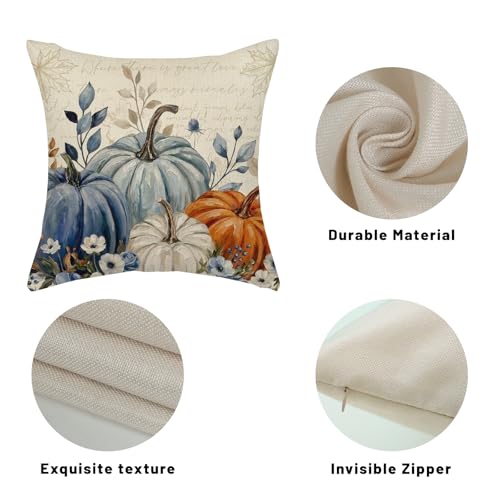 Watercolor Fall Pumpkin Pillow Covers 18x18 Set of 2 Orange Blue White Linen