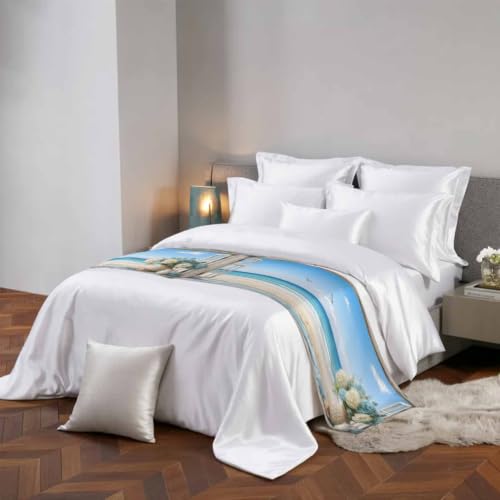 Blue Coastal Bed Runner for King Size Bed - 94x20 Inch Reversible Decorative Bed Throw Scarves