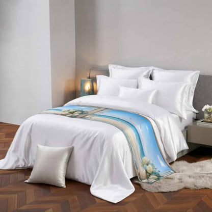 Blue Coastal Bed Runner for King Size Bed - 94x20 Inch Reversible Decorative Bed Throw Scarves