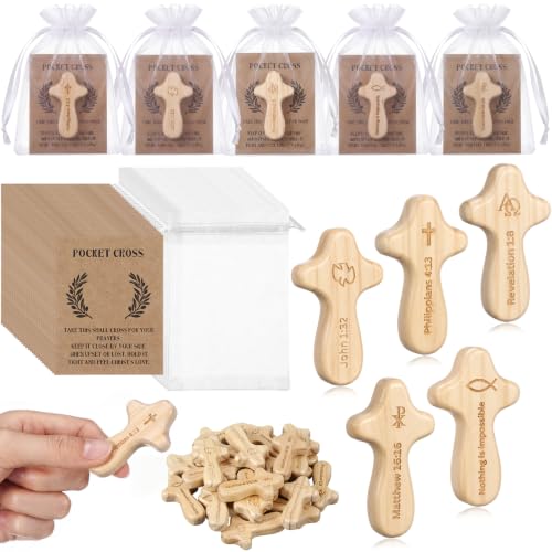 Natural Wood Pocket Cross Set with Prayer Cards - 25 Pack, 2.36 Inch