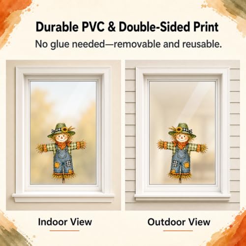 Farm Fall Window Clings - 13 Inch Scarecrow Autumn Decor, 6 Sheets