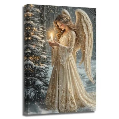 Christmas Angel Wall Art Canvas Print - White Angel Girl & Tree Decor 20L x 16W